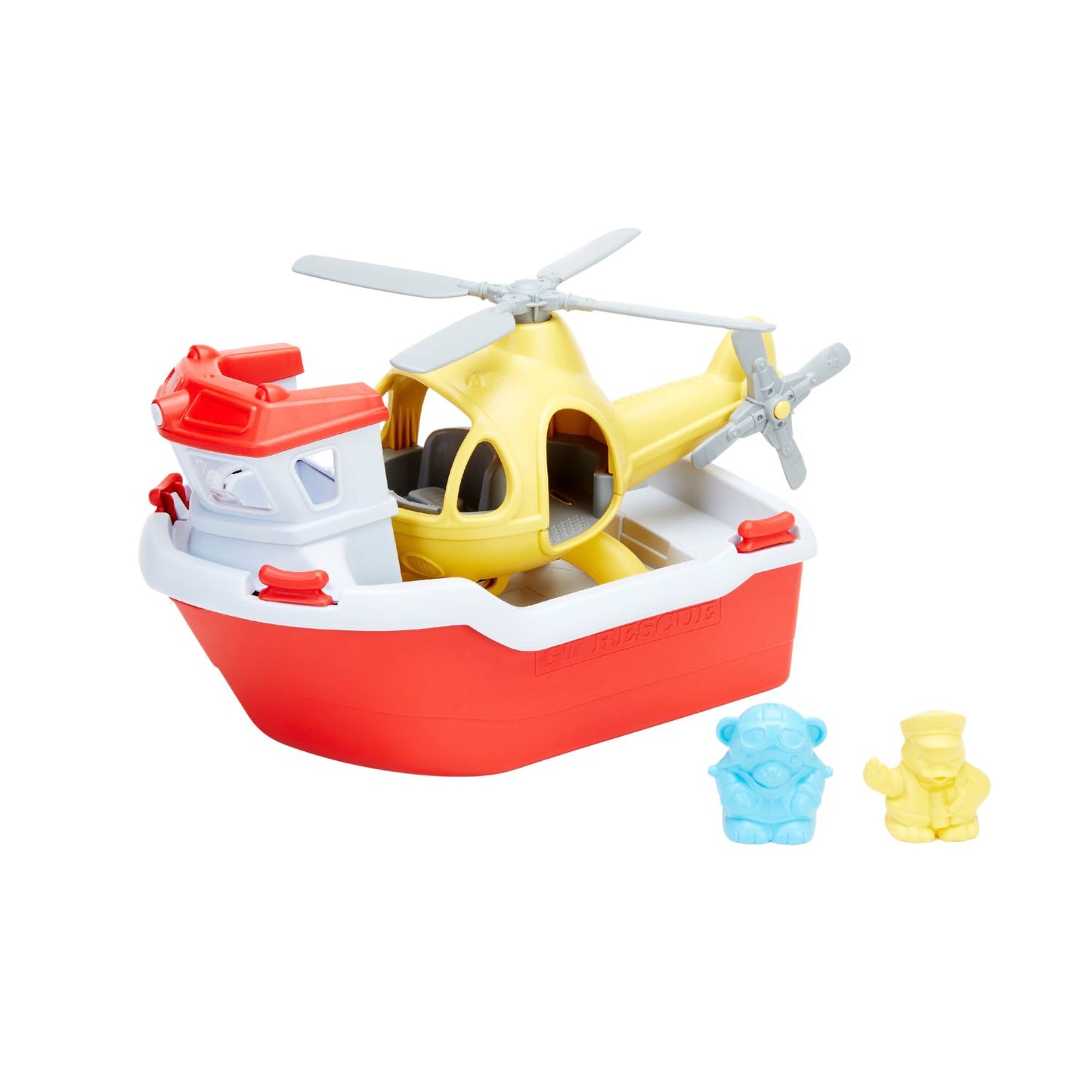 Rescue boat and helicopter set for imaginative emergency adventures.