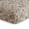 Floral patterned fabric with pink, blue, and yellow flowers on a beige background