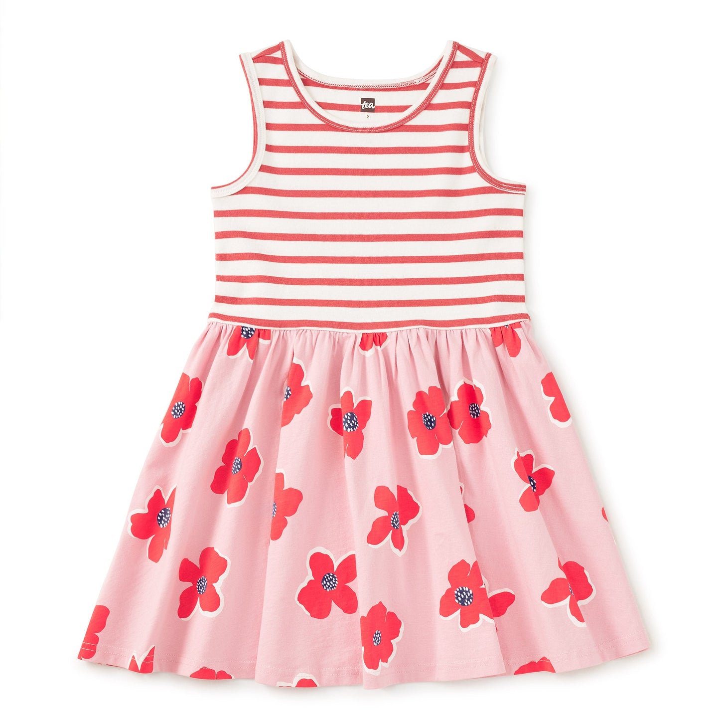 Pink dress with red floral pattern and white stripes on a white background