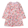A long-sleeve children's dress in light pink with a dense floral print featuring pink, red, and green flowers with white highlights, displayed flat against a solid white background.