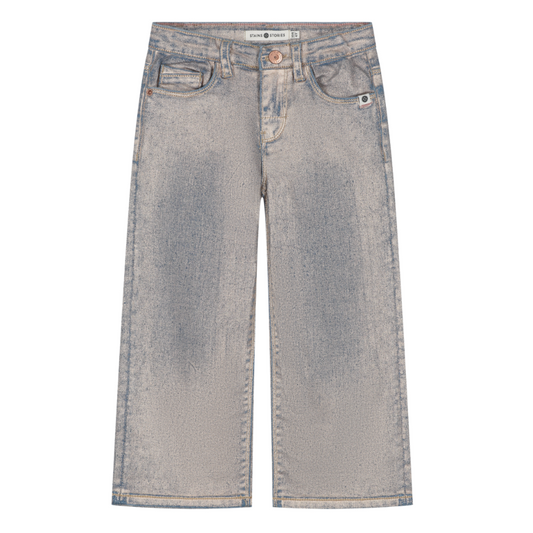 A pair of light gray washed denim cropped pants with a faded finish, shown flat against a plain white background.