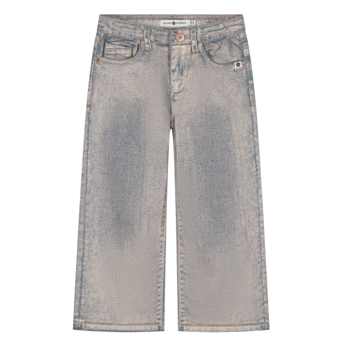 A pair of light gray washed denim cropped pants with a faded finish, shown flat against a plain white background.