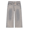 A pair of light gray washed denim cropped pants with a faded finish, shown flat against a plain white background.