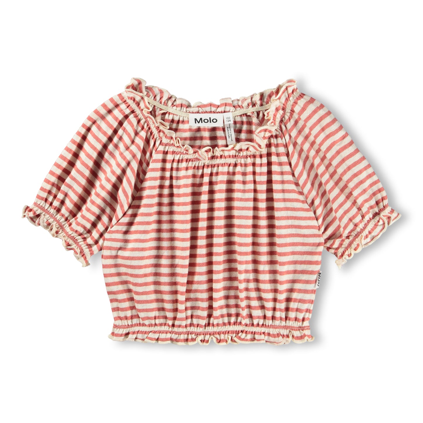 Pink and white stripe blouse with ruffle sleeves