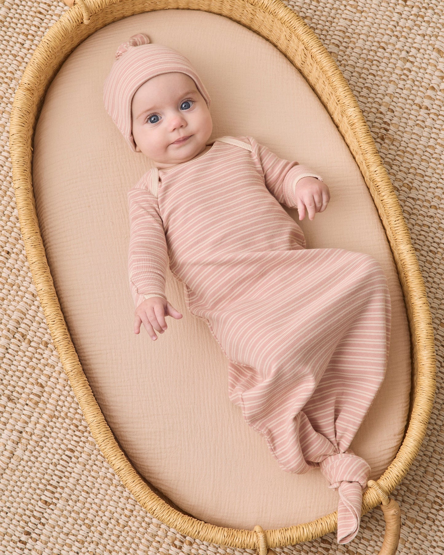 Rose Microstripe Gown + Hat, studio photo on baby