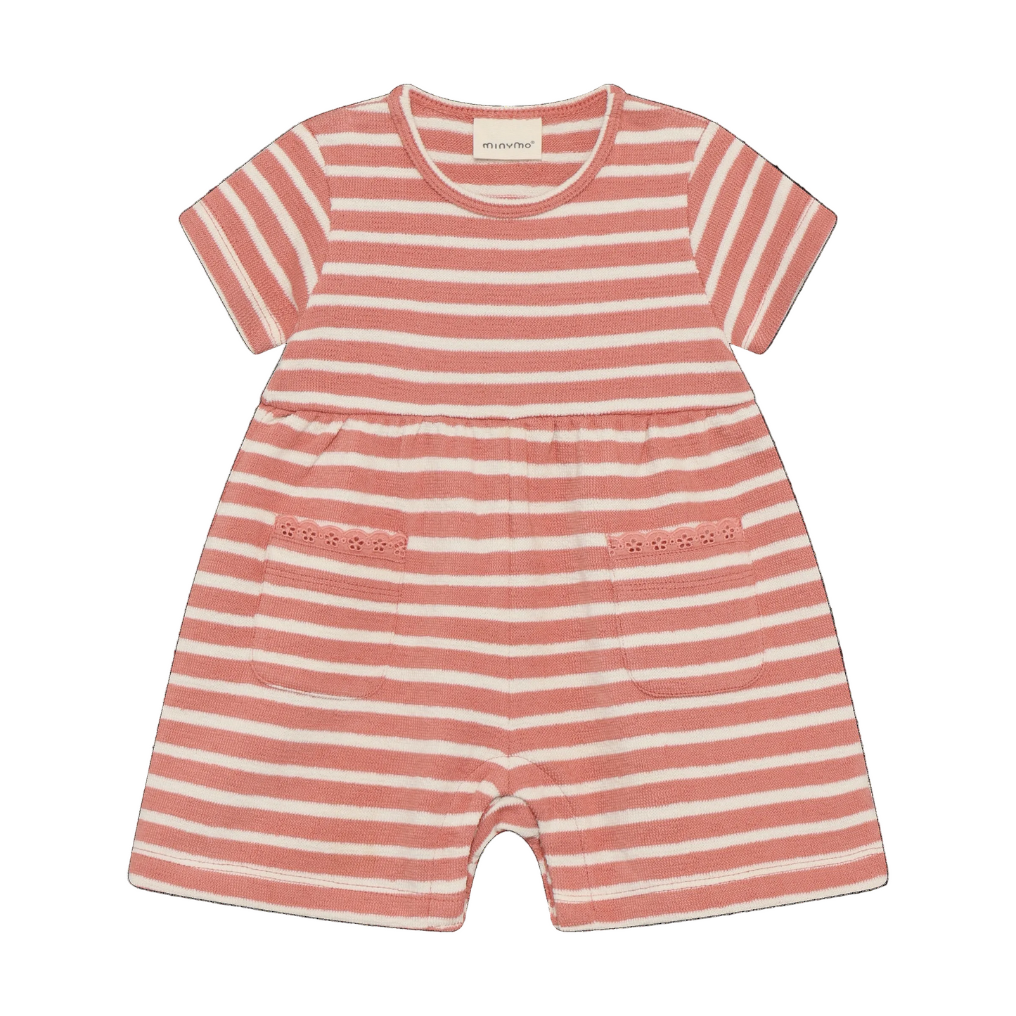 Pink and white striped baby romper on a white background