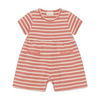 Pink and white striped baby romper on a white background