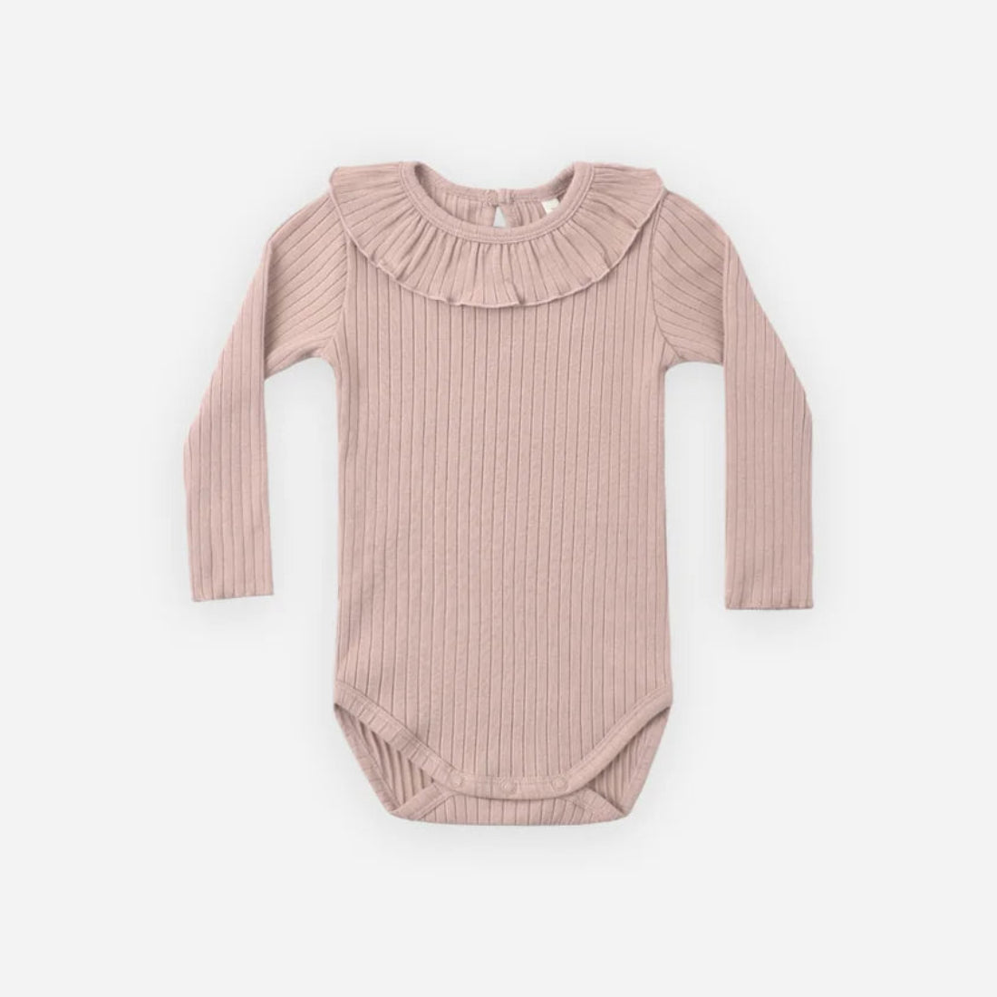 A long-sleeve baby bodysuit in a dusty rose pink ribbed knit fabric, featuring a ruffled collar, laid flat against a light gray background.