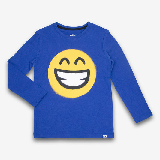 Blue long-sleeve shirt with a yellow smiley face on a white background