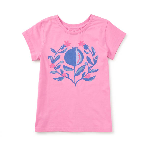 Pink t-shirt with blue floral design 