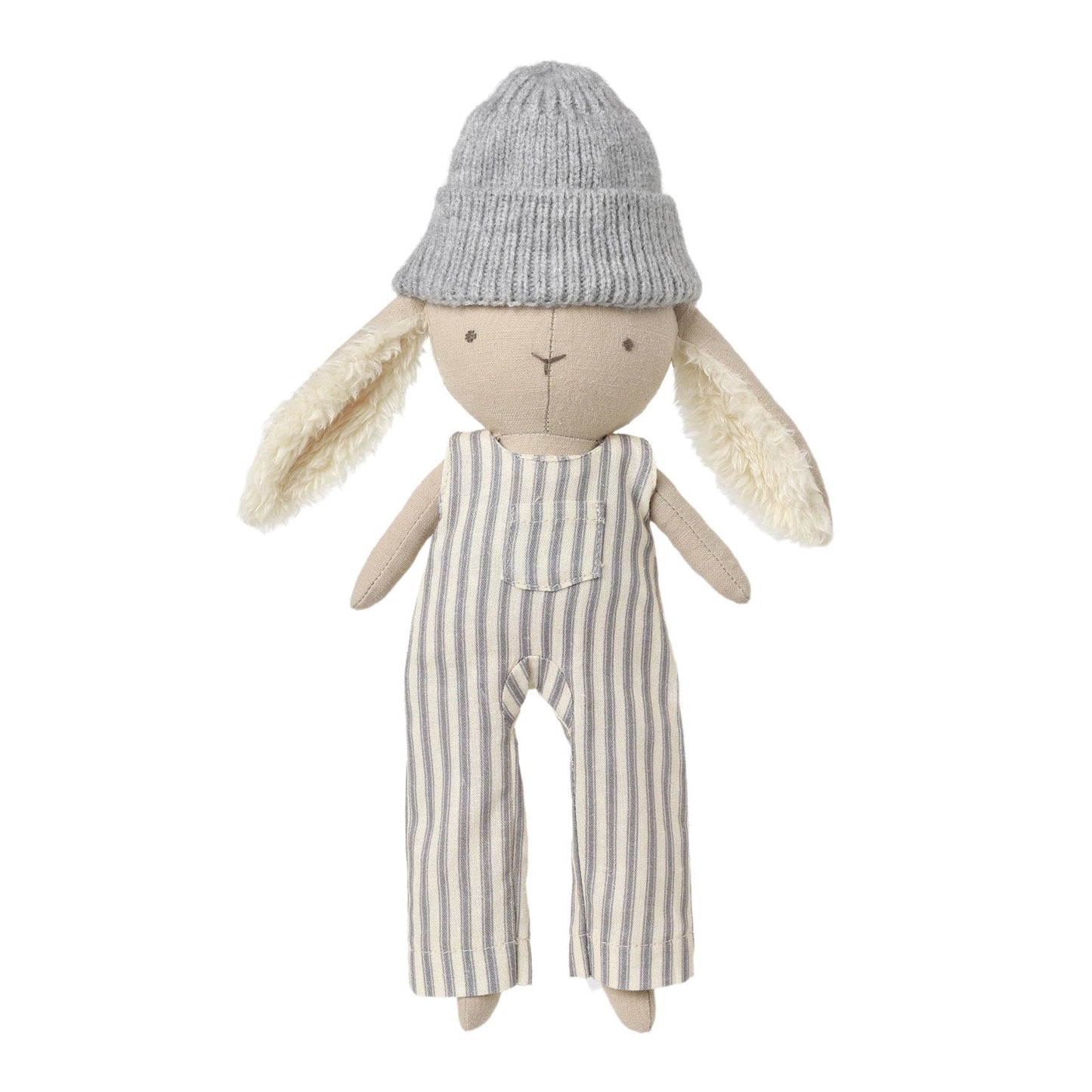 A plush stuffed bunny doll wearing a gray knit beanie and cream-and-gray vertically striped fabric jumpsuit, centered on a plain light background.