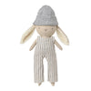 A plush stuffed bunny doll wearing a gray knit beanie and cream-and-gray vertically striped fabric jumpsuit, centered on a plain light background.