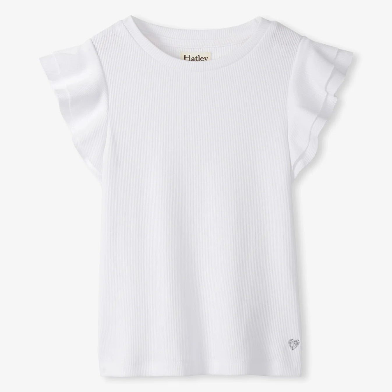 White t-shirt with ruffled sleeves on a white background