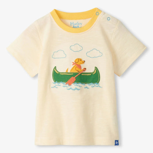 ringer tee with puppy rowing a canoe embroidered on it