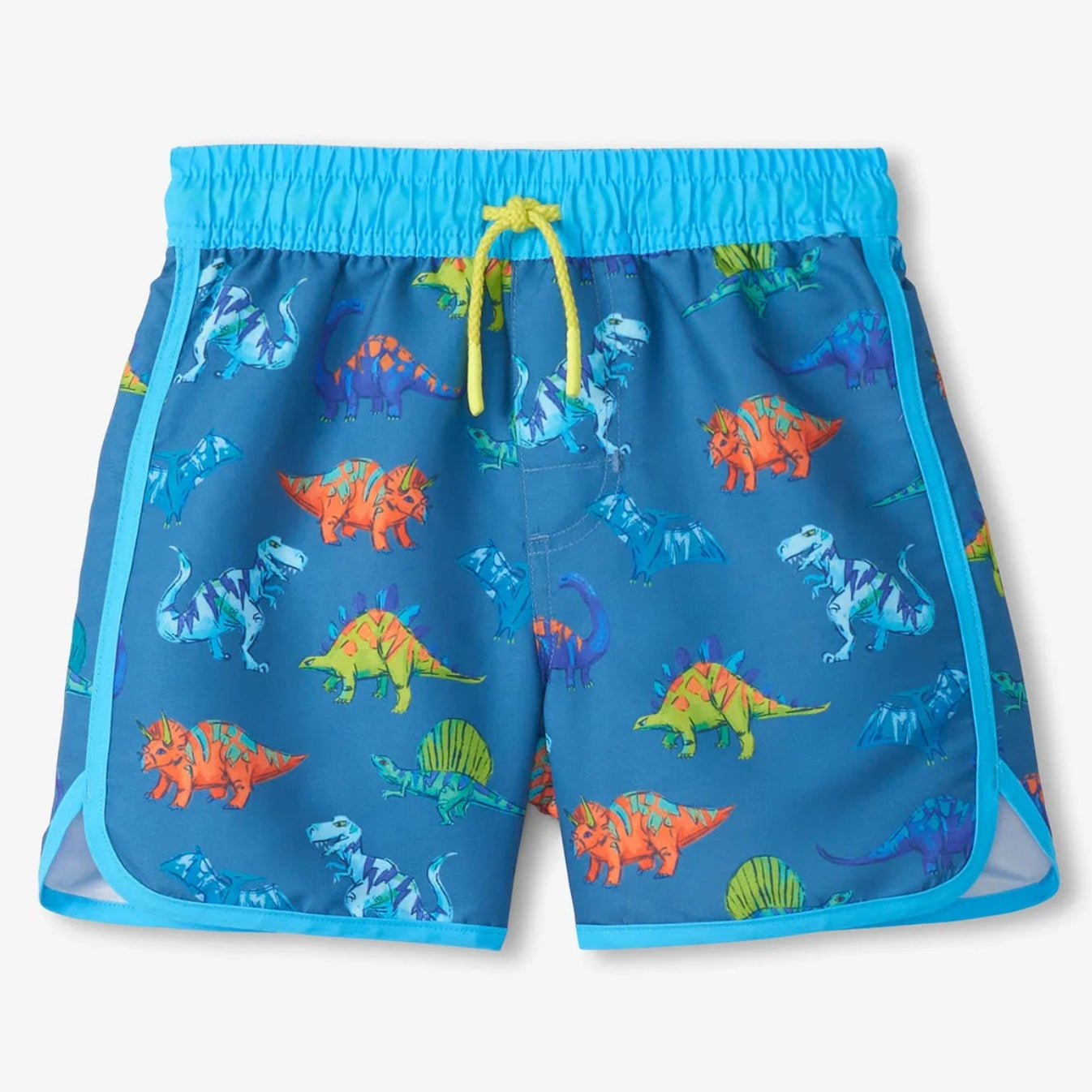 Blue swim shorts with colorful dinosaur pattern on a white background