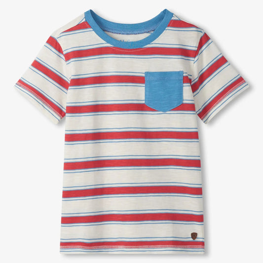 Striped t-shirt with a blue pocket on a white background