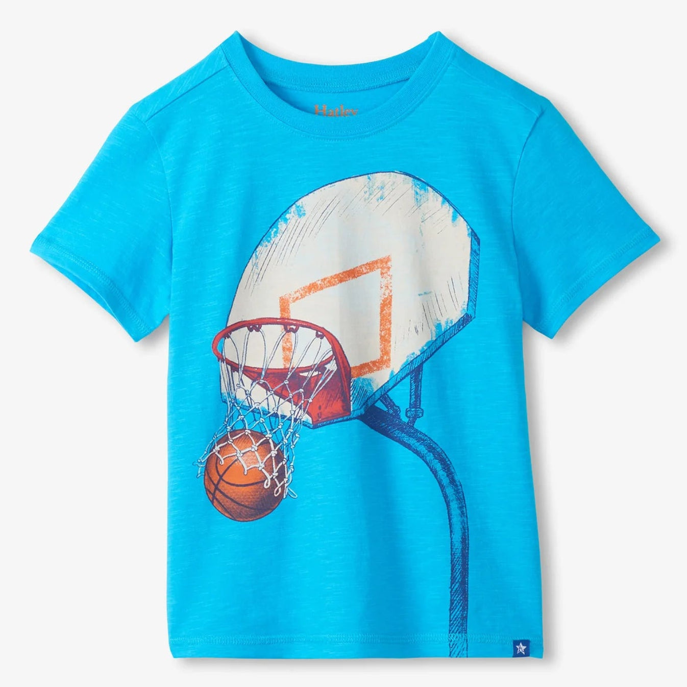 Blue t-shirt with a basketball hoop and ball graphic on a white background