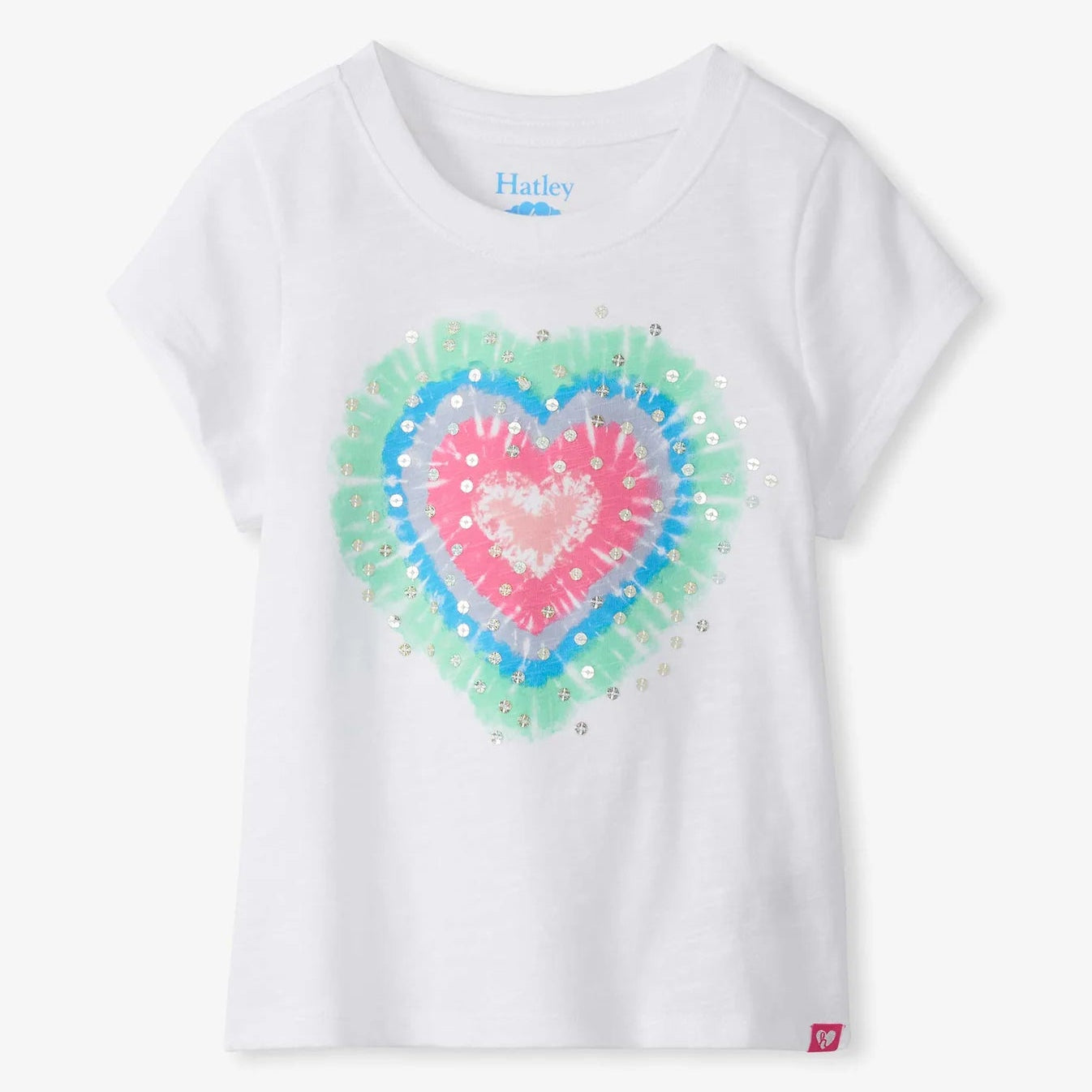 White t-shirt with a colorful heart design on a white background