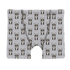 Gray boxer briefs with black and white dog pattern on a white background