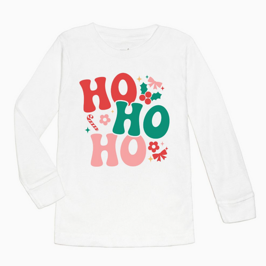 White long-sleeve shirt with 'HO HO HO' text in red, green, and pink on a white background