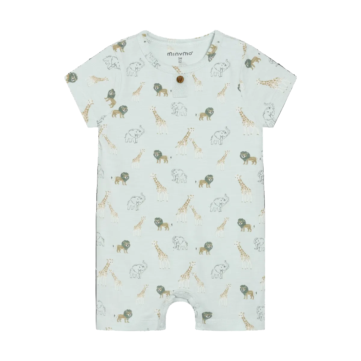 Baby romper with animal safari pattern on a light green background