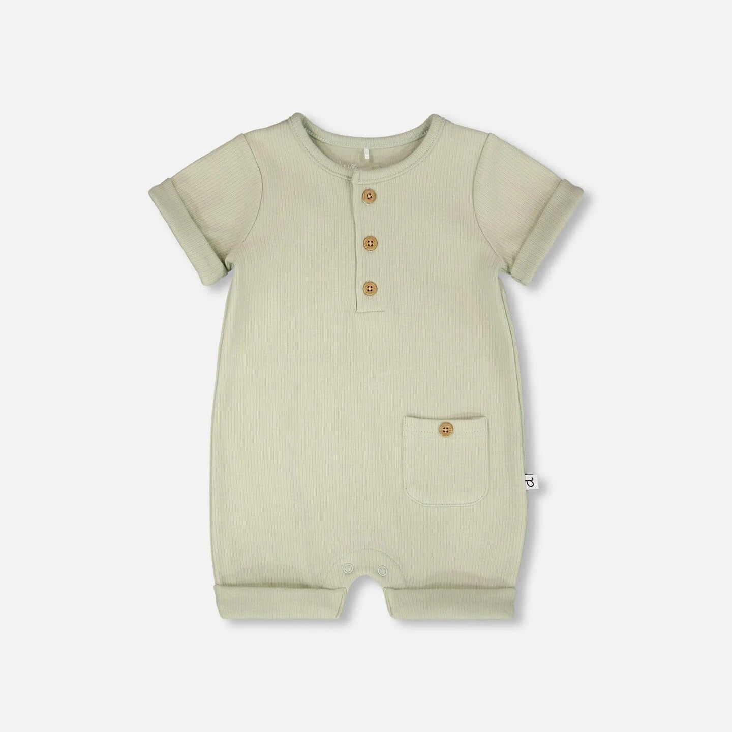 Sage ribbed romper with three natural colored buttons, and a cute pocket