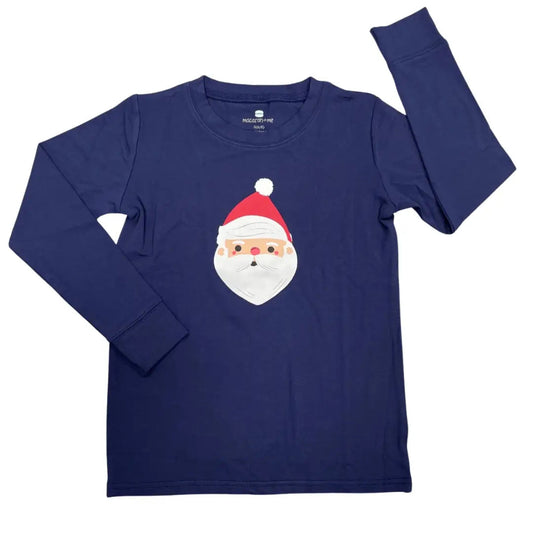 Navy blue long-sleeve shirt with Santa Claus face design on a white background