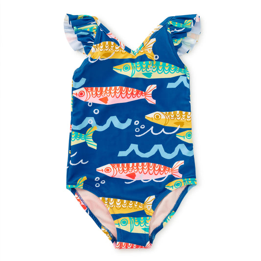 Children's swimsuit with fish pattern on a blue background