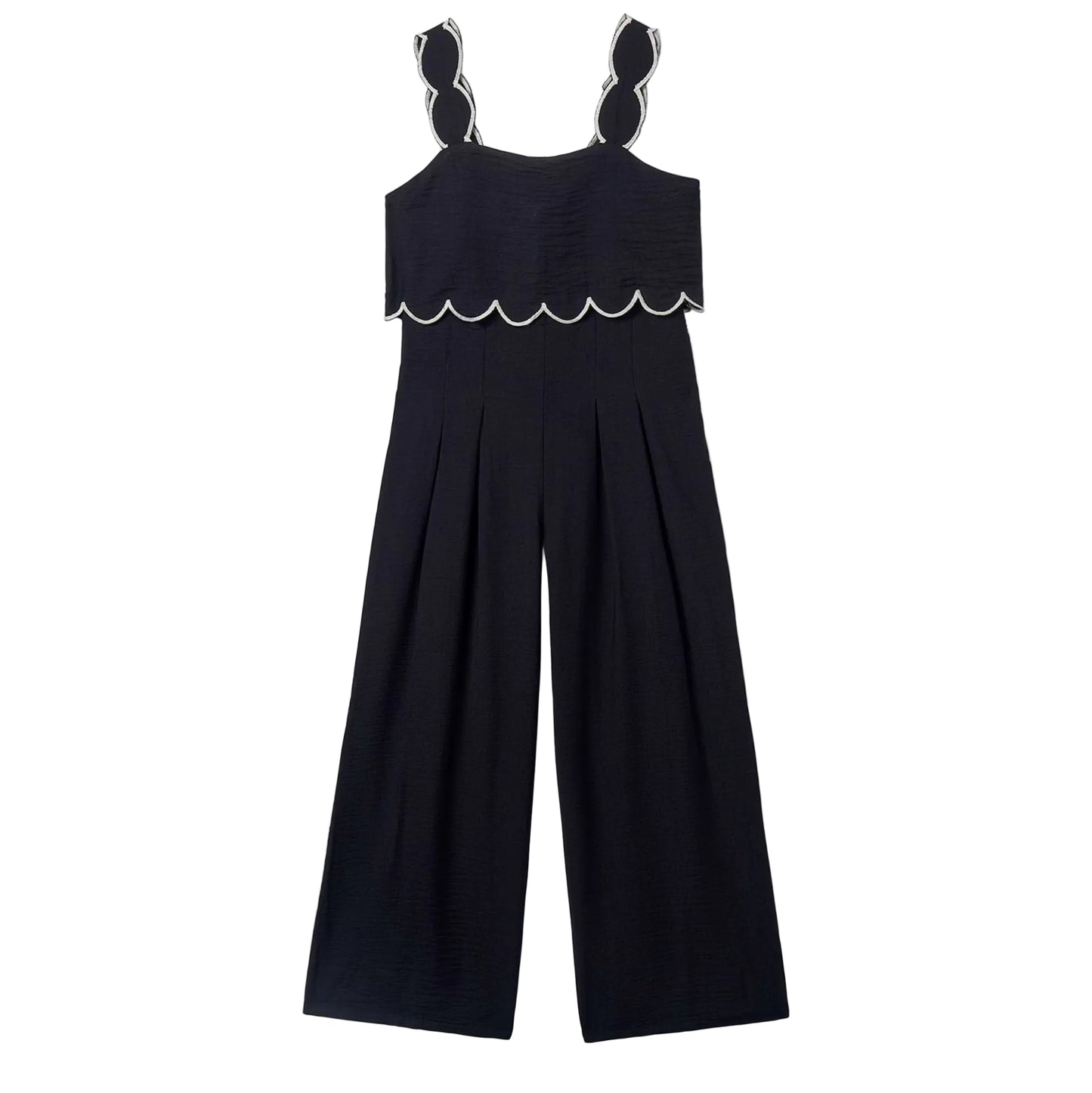 Black jumpsuit with scalloped trim 