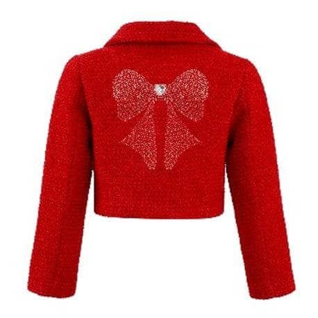 Red jacket with a decorative bow on the back against a white background