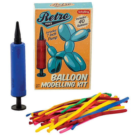 Balloon modelling kit with pump and balloons, featuring a retro toy box design.