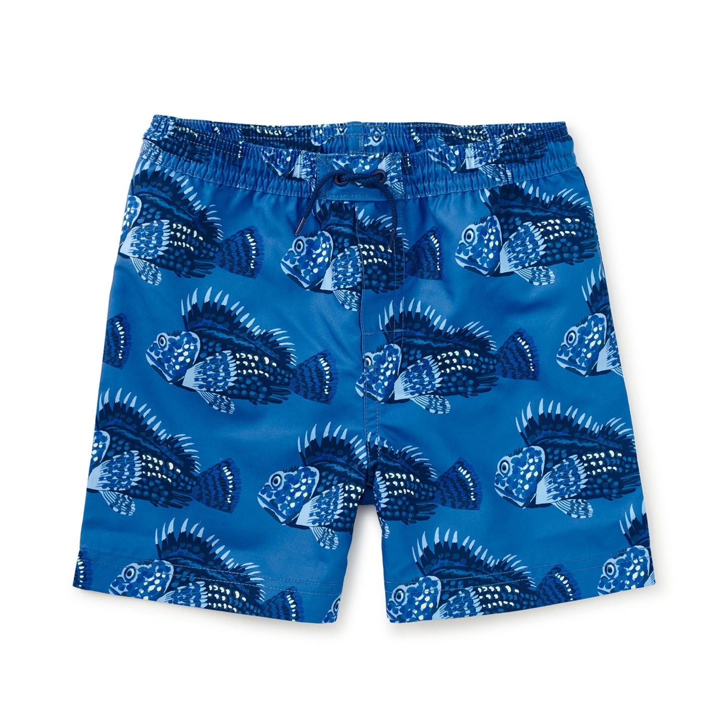 Blue swim trunks with fish pattern