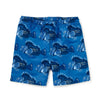 Blue swim trunks with fish pattern