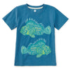 Blue t-shirt with fish design on a white background