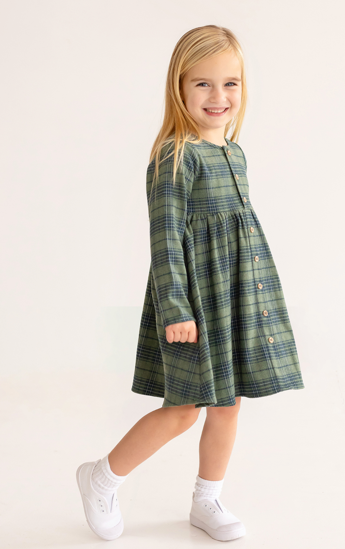 Green Plaid Button Dress