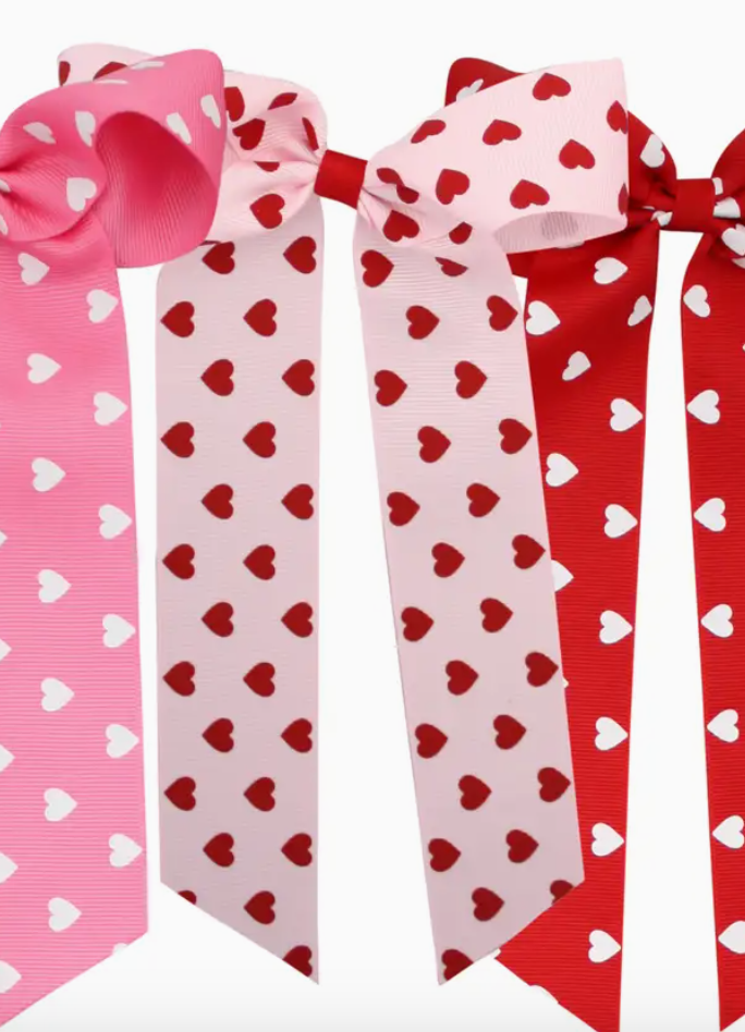 Light Pink Red Heart Long Tail Bow