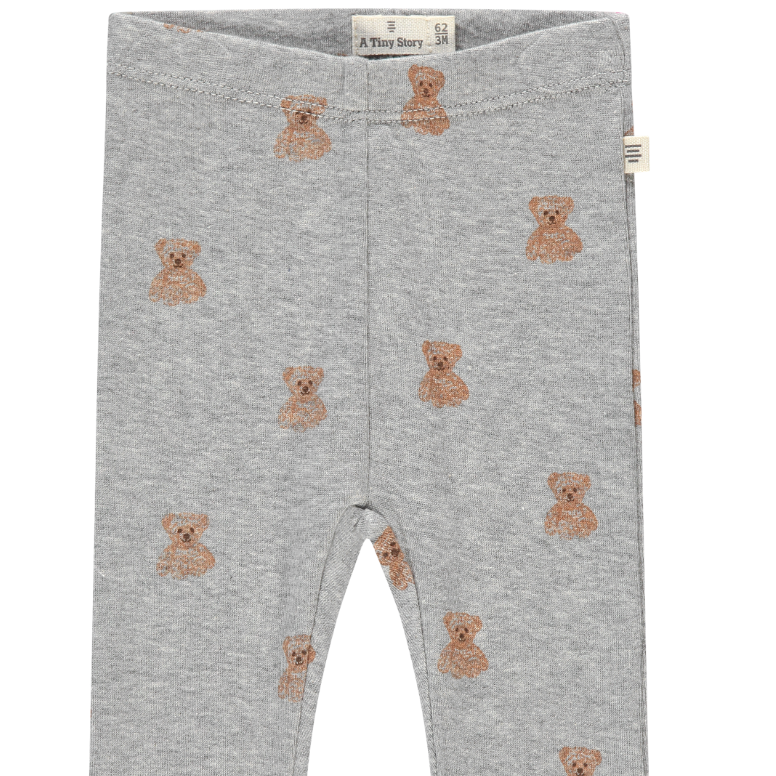 Grey knit pants with teddy bear patterns