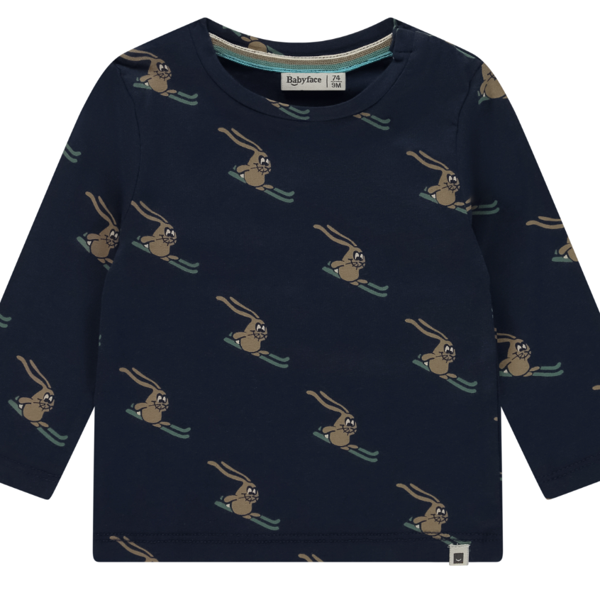 Navy long-sleeved top with a pattern of freestyle ski bunnies for baby boys.