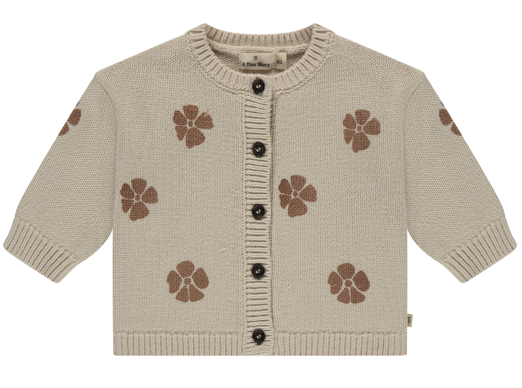 A beige cardigan with brown floral patterns and buttons, designed for baby girls.