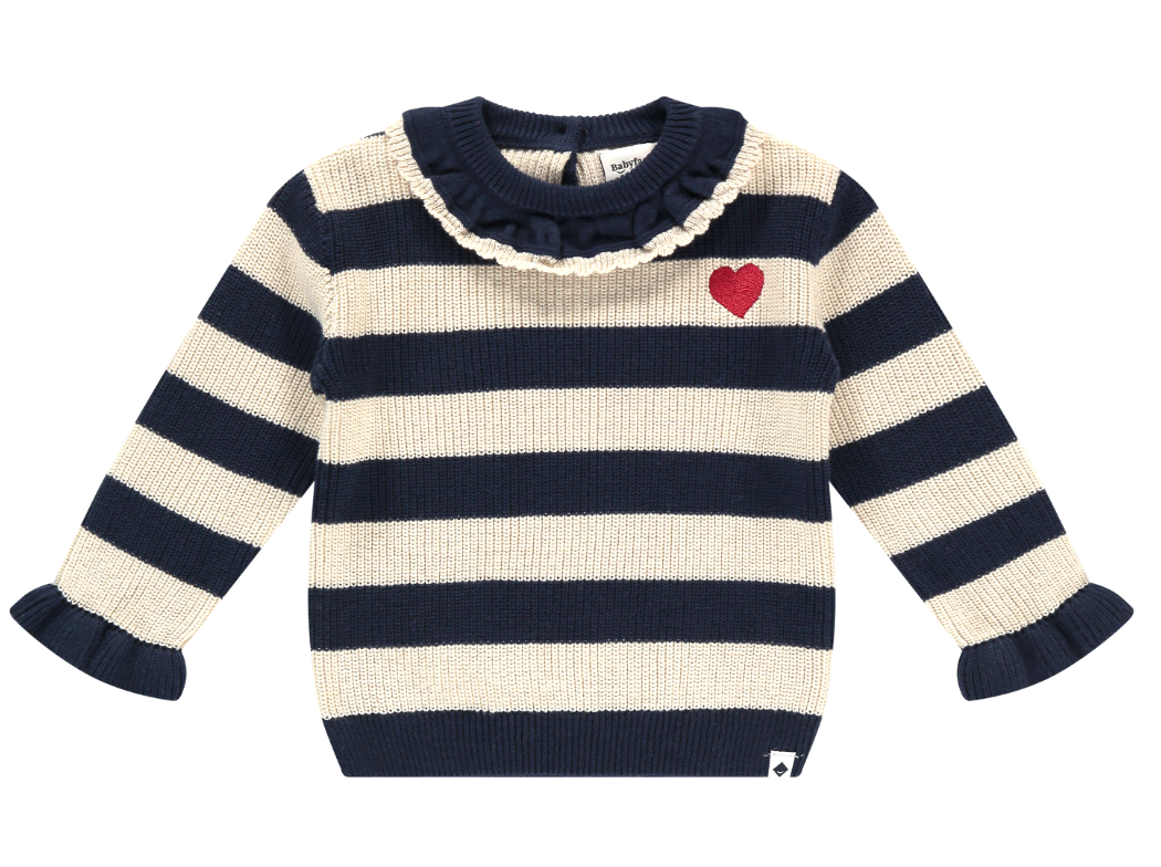 A striped navy and beige baby sweater with a scalloped collar and sleeve detail, featuring a red heart on the chest.