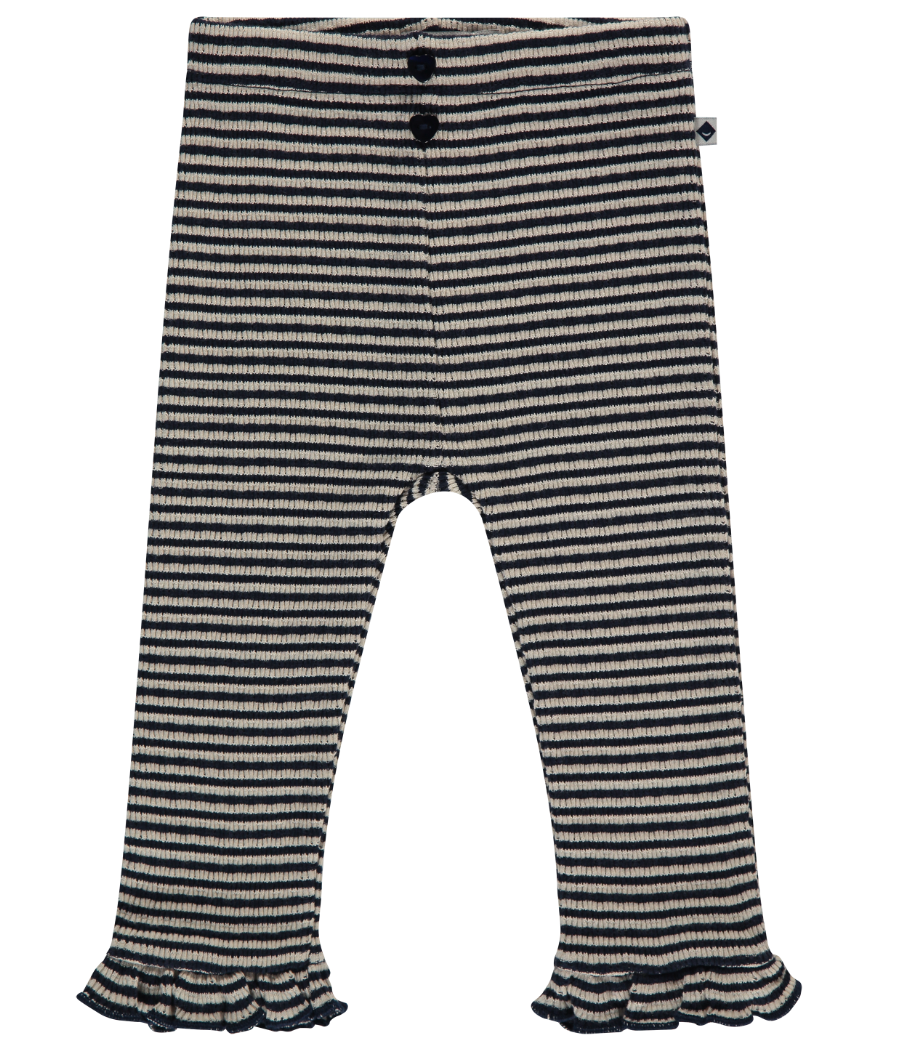 Indigo stripe ribbed leggings with ruffle edge for baby girls.