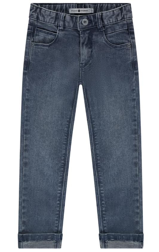 A pair of dark blue denim jeans for kids, showing the front view with pockets and belt loops.