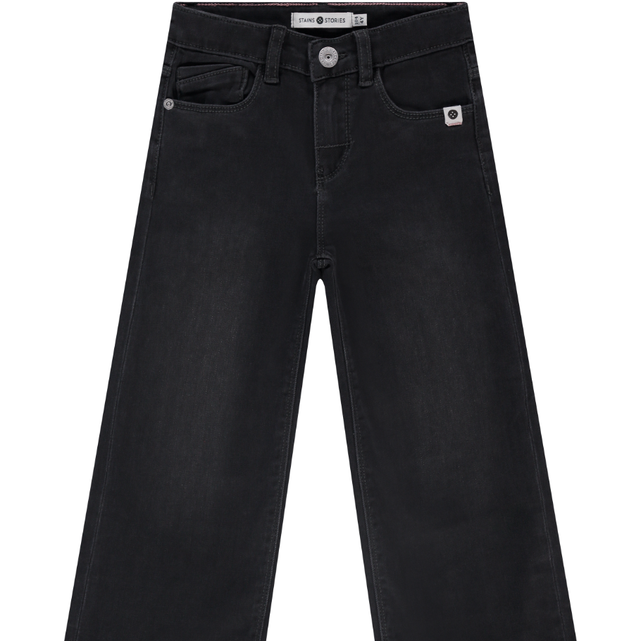 A pair of dark grey wide leg denim jeans for girls.