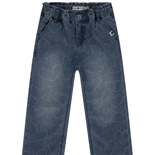 A pair of blue denim jeans for girls with a heart pattern and an elastic waistband.