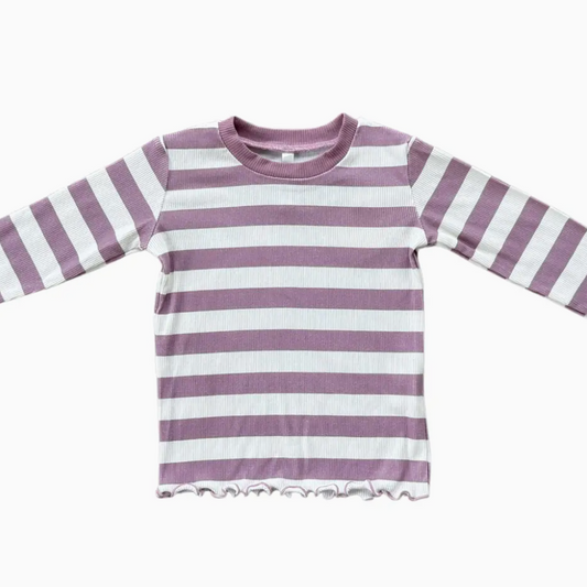 Purple and white striped long-sleeve shirt on a white background