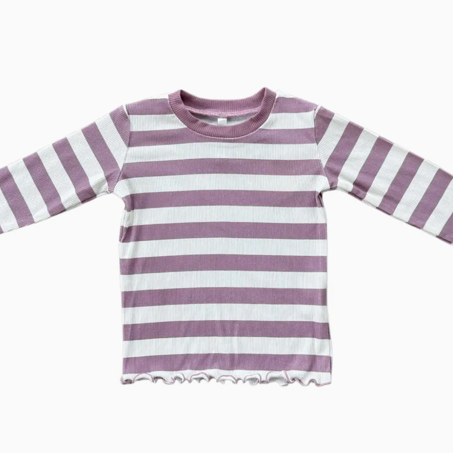Purple and white striped long-sleeve shirt on a white background