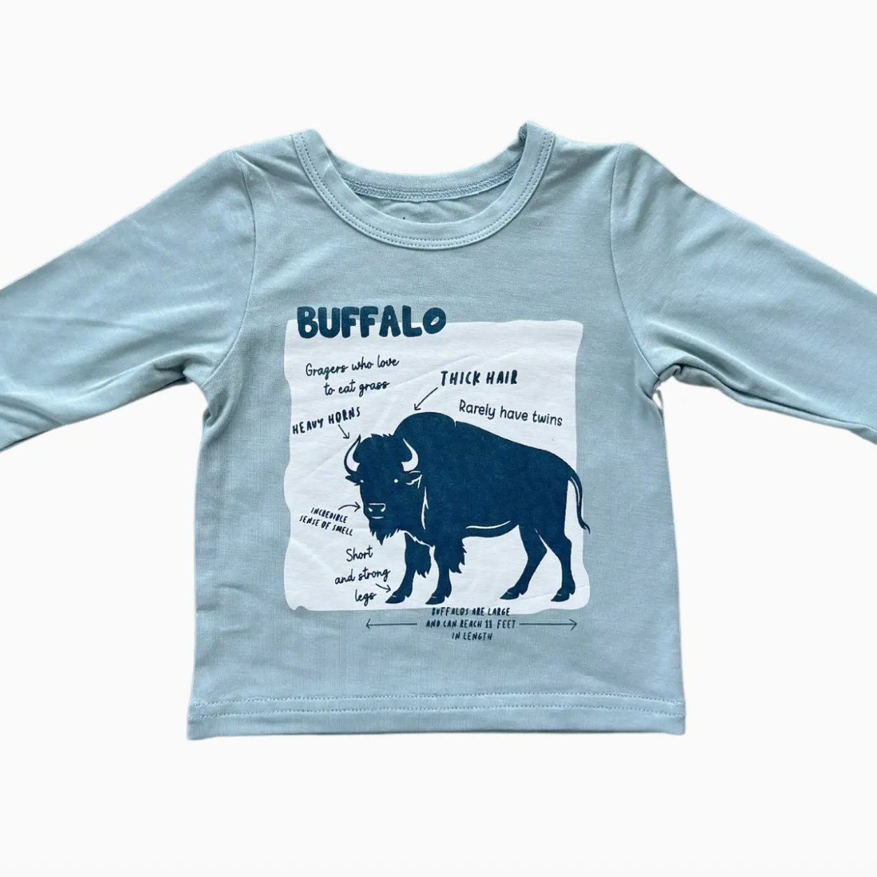Light blue long-sleeve shirt with a graphic of a buffalo and text on a white background