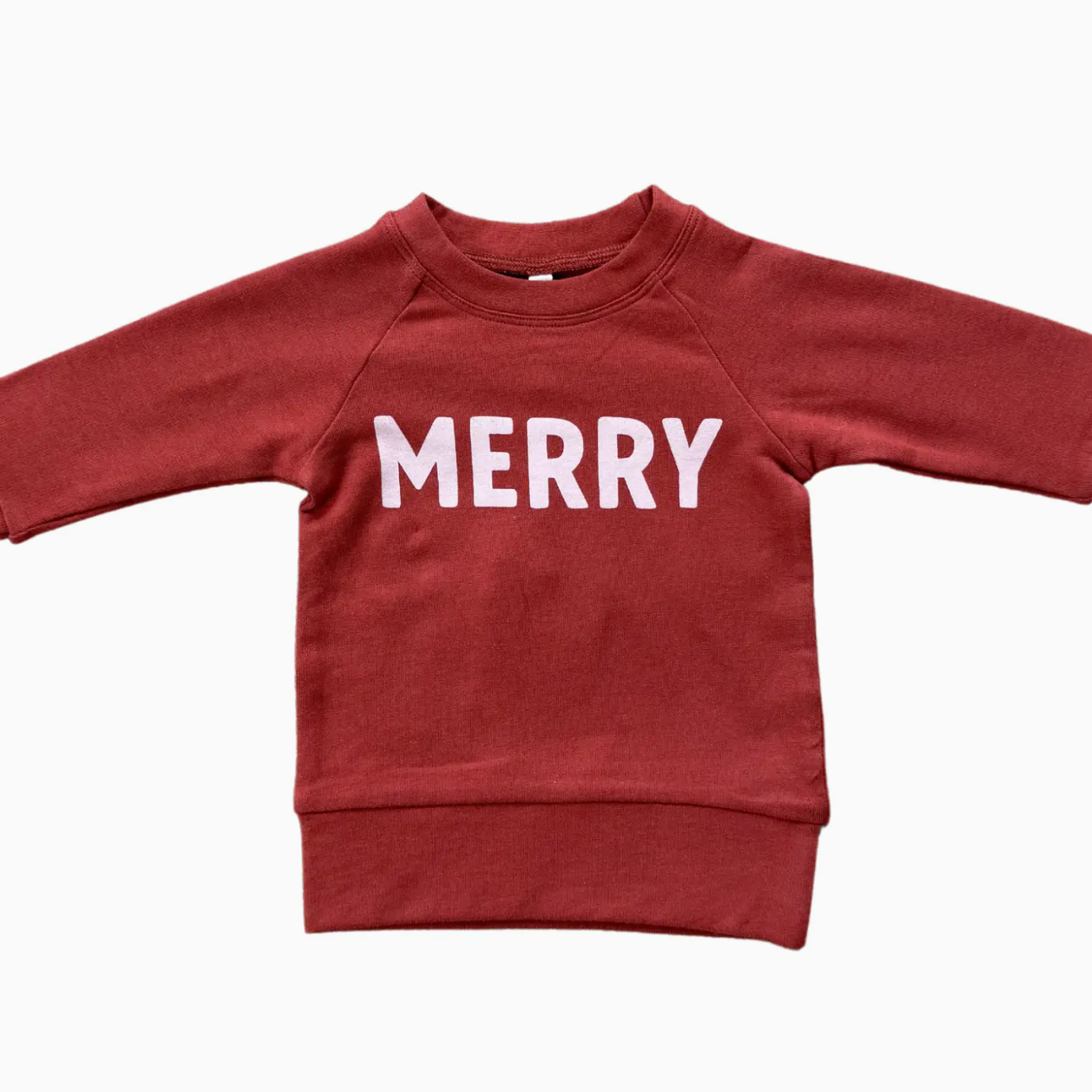 Red sweatshirt with 'MERRY' text on a white background