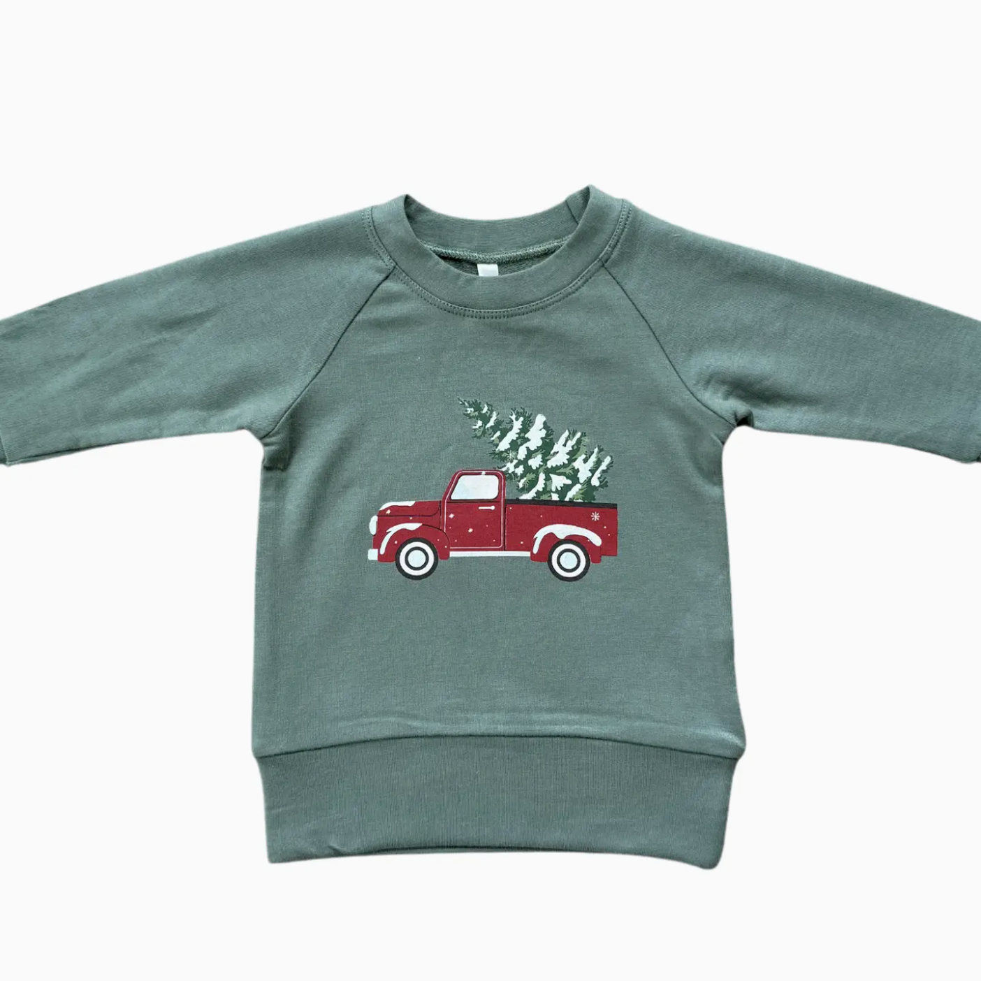 Green sweatshirt with a red truck graphic on a white background