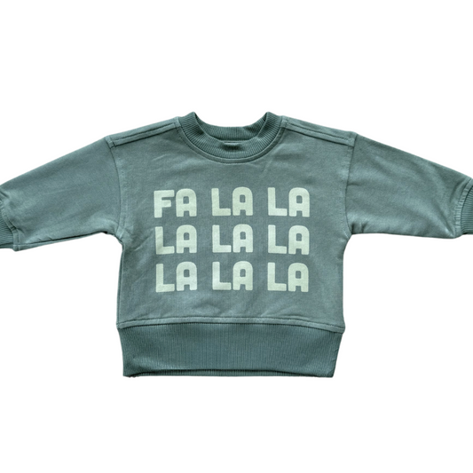 Green sweatshirt with 'FA LA LA' text on a white background